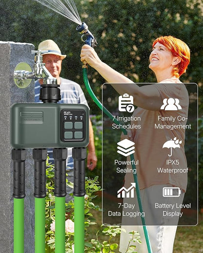 WiFi Water Timer for Garden Hose, Sprinkler Timer 4 Zone, Smart Hose Water with WiFi Irrigation Controller,Voice Control RF433 Automatic Irrigation System/Rain Delay/Manual Watering D34WT06