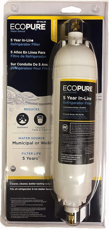 EcoPure EPINL30 5-Year In-Line Refrigerator Water Filter, Universal Fit for Most Fridges, Ice Makers, RVs & Boats, Reduces Chlorine Taste & Odor – Easy DIY Install with 1/4" Fittings (Pack of 4)