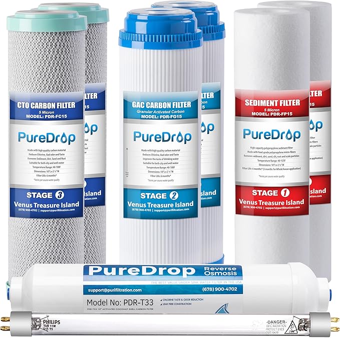 PureDrop PDR-F8U 50 GPD Reverse Osmosis Water Filter 1-Year Replacement Cartridges for RTW5U 6-Stage RO Water Filtration System with UV light Filter, 8 Pieces