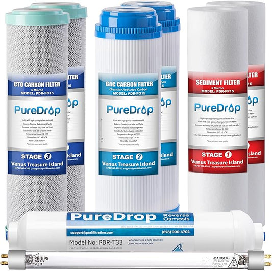 PureDrop PDR-F8U 50 GPD Reverse Osmosis Water Filter 1-Year Replacement Cartridges for RTW5U 6-Stage RO Water Filtration System with UV light Filter, 8 Pieces