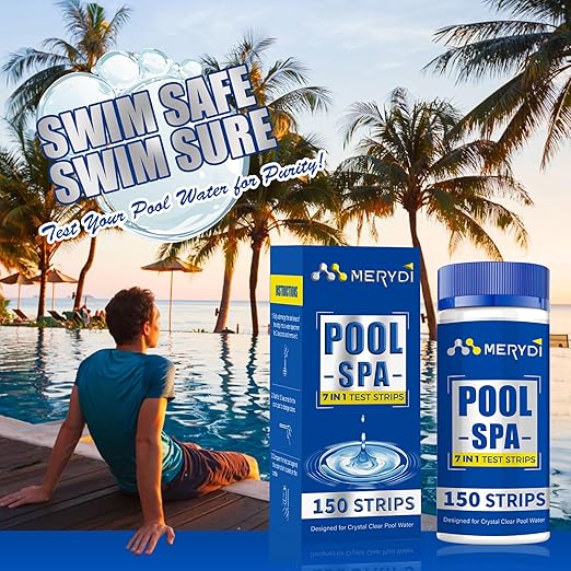 7-Way Pool Test Strips,150 Strips Pool and Hot Tub Test Strips,Accurate Test Bromine,Total Alkalinity,pH,Free Chlorine,Total Hardness,Cyanuric Acid and Total Chlorine Pool Spa Water Test Strips