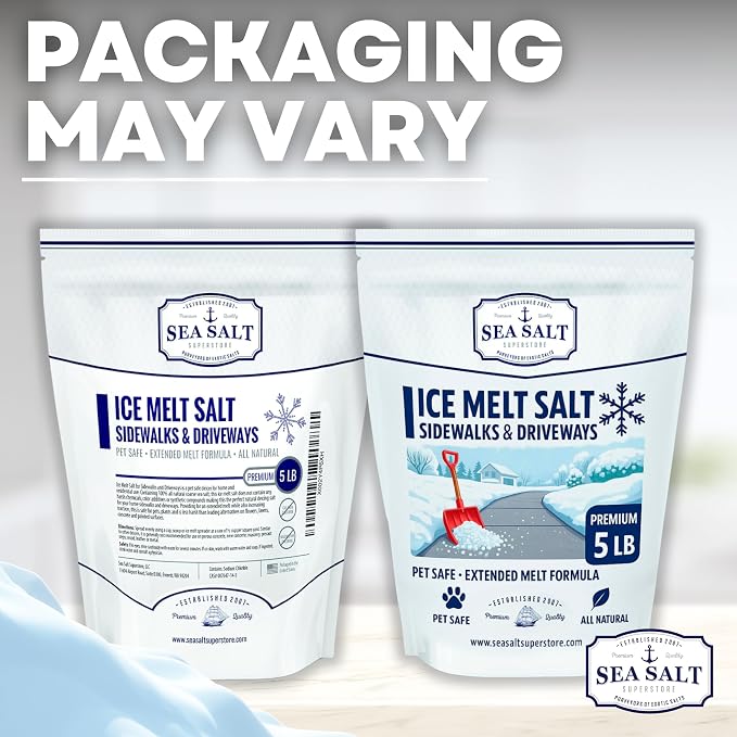 Sea Salt Natural Ice & Snow Melt - Pet & Kid Safe Safety Deicing Salt - 5 LBS Bag Covers 1250 SQ FT - No Chemicals - 100% Natural - Pacific Northwest - Waterproof Pouch