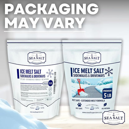 Sea Salt Natural Ice & Snow Melt - Pet & Kid Safe Safety Deicing Salt - 5 LBS Bag Covers 1250 SQ FT - No Chemicals - 100% Natural - Pacific Northwest - Waterproof Pouch