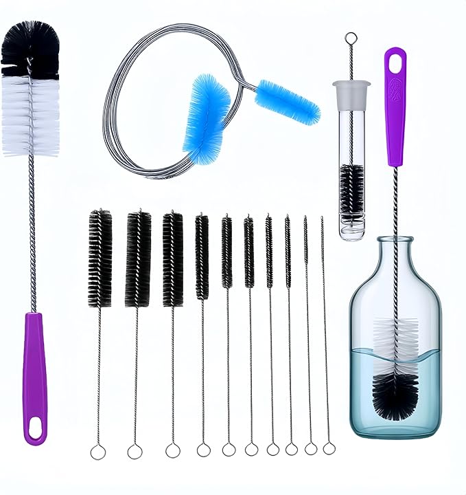 12 Pcs Glass Tube Pipe Cleaning Brush Set – 35" Flexible Hose Brush, 17" Extra Long & Multi-Sized Nylon Cleaners for Curved Glass Tubing, Narrow Neck Tumblers, Straws & Crevices