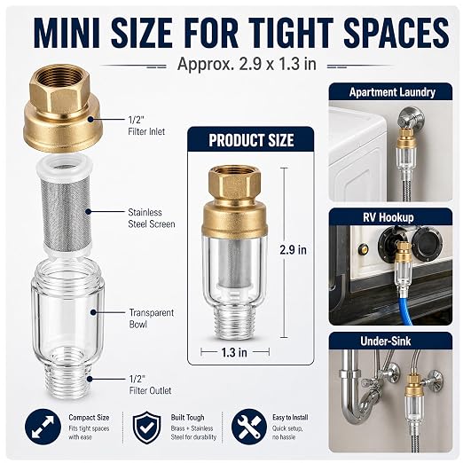 2 Pack Sediment Water Filter for Washing Machine, 50 Micron Reusable Inline Water Pre-Filter with Brass Adapters, Stainless Steel Screen Mini Filter for Water Heater, Shower, Faucet, RV & Garden Hose
