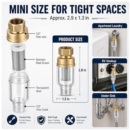 2 Pack Sediment Water Filter for Washing Machine, 50 Micron Reusable Inline Water Pre-Filter with Brass Adapters, Stainless Steel Screen Mini Filter for Water Heater, Shower, Faucet, RV & Garden Hose