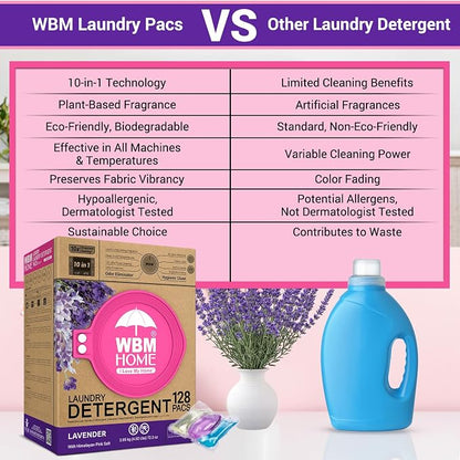 WBM 10-in-1 Laundry Detergent Pods, Fabric Softener with Lavender Extracts, High-Efficiency Laundry Pods with Powerful Stain Lifter Technology - 128 Count Bag