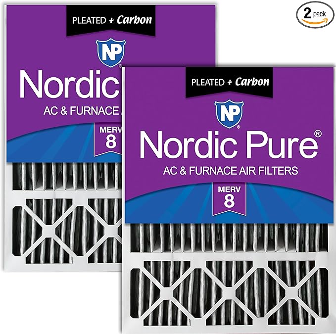 Nordic Pure 20x25x5 Pleated MERV 8 Plus Carbon Air Filters 2 Pack | Actual Size: 19 7/8 x 24 7/8 x 4 3/8 Honeywell Replacement Made in USA, Standard HVAC & Furnace Filtration