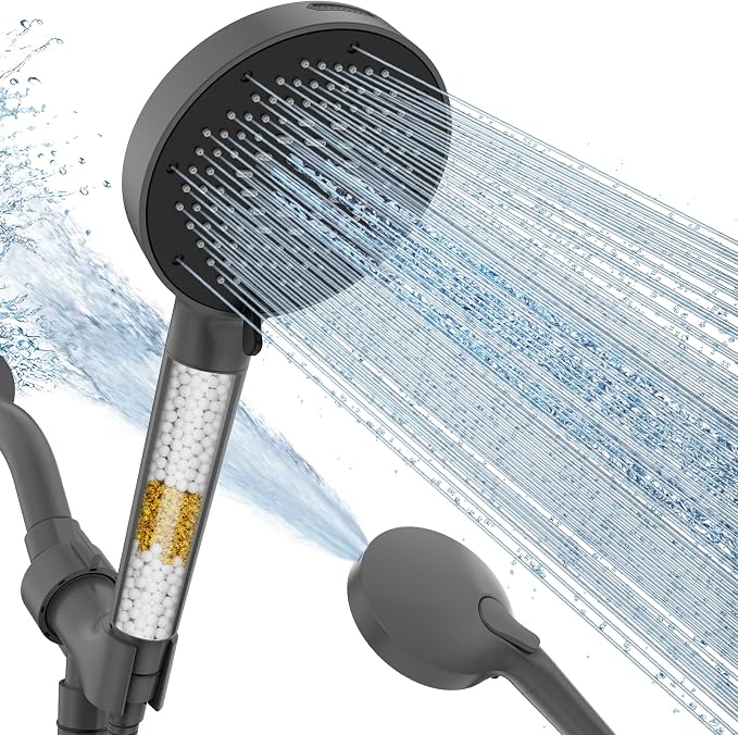SR SUN RISE NSF Certified Filtered Shower Head with Handheld for Hard Water to Remove Chlorine High Pressure 9-Spray Setting (with Power Wash) Anti-Clog Nozzles(1Filter, Grey)