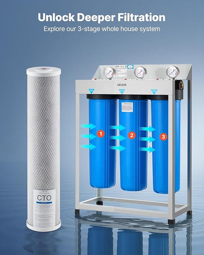 VEVOR CTO Whole House Water Filter - Universal Fit 20 x 4.5 Inch - Activated Carbon Block Cartridge Replacement, 5 Micron Coconut Shell Charcoal Filter, Reduce Chlorine, Bad Taste, Odor