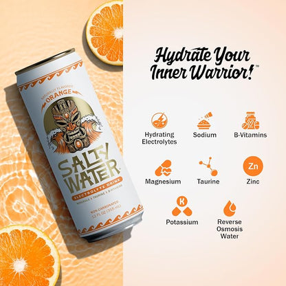 SaltyWater Electrolyte Drink, Orange – Zero Sugar Premium Hydration Drink, 10 Calories, Minerals, Taurine, B-Vitamins, Non-Carbonated - Zero Caffeine Electrolyte Sports Drink - Gluten Free - 12 Pack (12 oz)