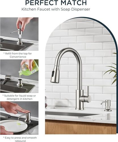 FORIOUS LED Kitchen Faucet with Soap Dispenser and Pull Down Sprayer, Brushed Nickel High Arc Single Handle 3 Modes Stainless Steel Bar Faucet for Kitchen Sink Wet Laundry Camper