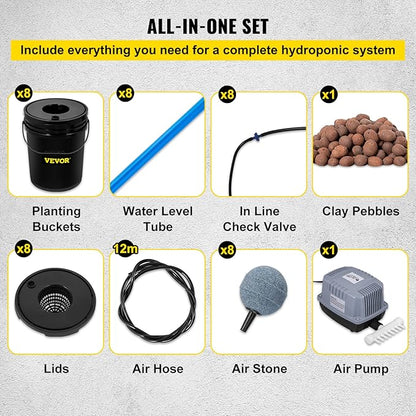 VEVOR DWC Hydroponic System, 5 Gallon 8 Buckets, Deep Water Culture Growing Bucket, Hydroponics Grow Kit with Pump, Air Stone and Water Level Device, for Indoor/Outdoor Leafy Vegetables