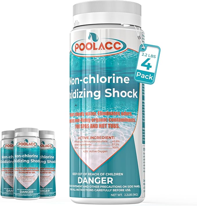 Non-Chlorine Spa Shock for Hot Tub -2.2 lbs×4 Packs, Chlorine-Free Shock Oxidizer Treatment for Hot Tubs, Spas and Swimming Pools, Fast Acting Oxidizing Shock for Crystal Clear Water, 35.2oz×4