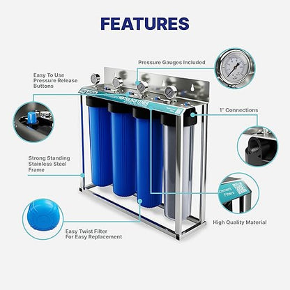 NU Aqua 4 Stage Main Line Salt Free Water Softener Whole House Water Filter System (20” x 4.5”) | Reduce Heavy Metals, Chlorine, Odors | Sediment, Water Softner, Heavy Metal KFD GAC, Carbon Block