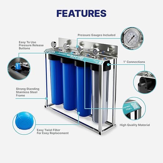 NU Aqua 4 Stage Main Line Salt Free Water Softener Whole House Water Filter System (20” x 4.5”) | Reduce Heavy Metals, Chlorine, Odors | Sediment, Water Softner, Heavy Metal KFD GAC, Carbon Block