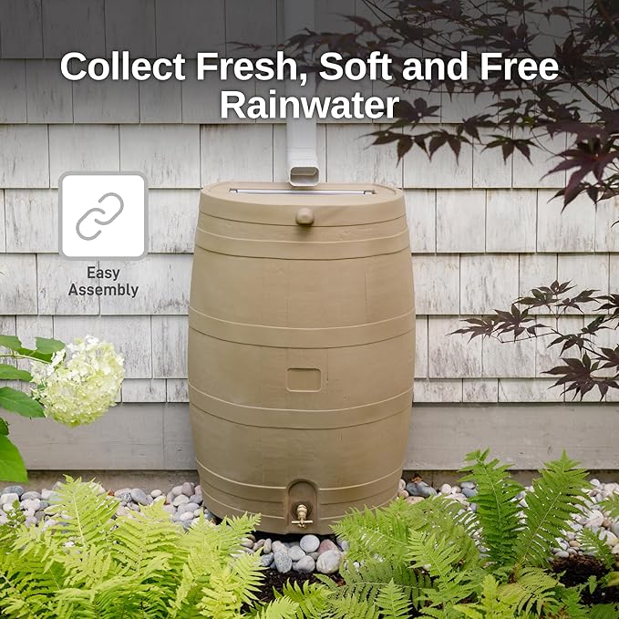 RTS Home Accents 50-Gallon Rain Water Collection Barrel with Brass Spigot, Oak Color