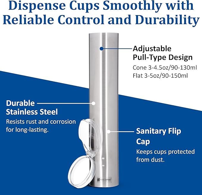 San Jamar Small Pull-Type Cup Dispenser Fits 3-4.5 Oz Cone Cups, 3-5 Oz Flat Cups with Flip Caps for Restaurants, Dining Halls, and Fast Food, Stainless Steel, 16 Inches, Silver