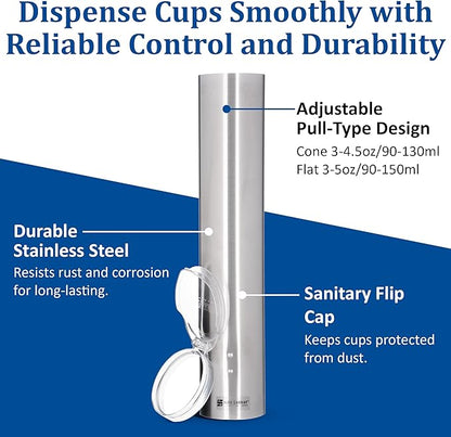 San Jamar Small Pull-Type Cup Dispenser Fits 3-4.5 Oz Cone Cups, 3-5 Oz Flat Cups with Flip Caps for Restaurants, Dining Halls, and Fast Food, Stainless Steel, 16 Inches, Silver