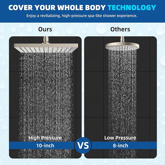 Hibbent cUCPC Certified Rain Shower Head, 10'' High Pressure Rainfall Shower Head, Square Bathroom Waterfall Shower Heads, High Flow Fixed Showerheads with Adjustable Brass Ball Joint, Brushed Nickel