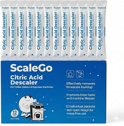 12 Use Coffee Machine Cleaner & Descaler | Citric Acid Descaling Powder | Pre-measured Package for Mess-Free Use & Storage | Removes Limescale | Compatible with Keurig, Nespresso, Breville