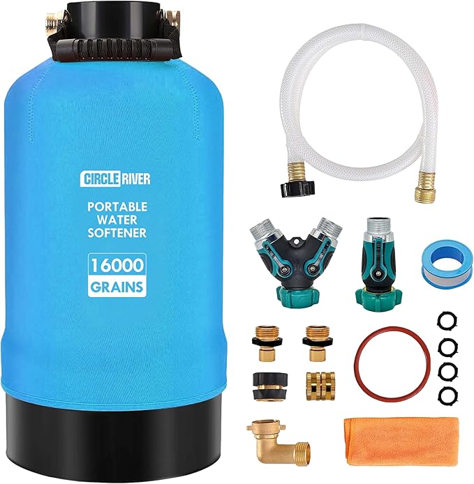 RV Water Softener with Water Hose, 16000 Grains 3/4" Brass Fittings Food-Grade Resin Soften Hard Water Improve Water Quality Portable Water Softener for RV, Trailers