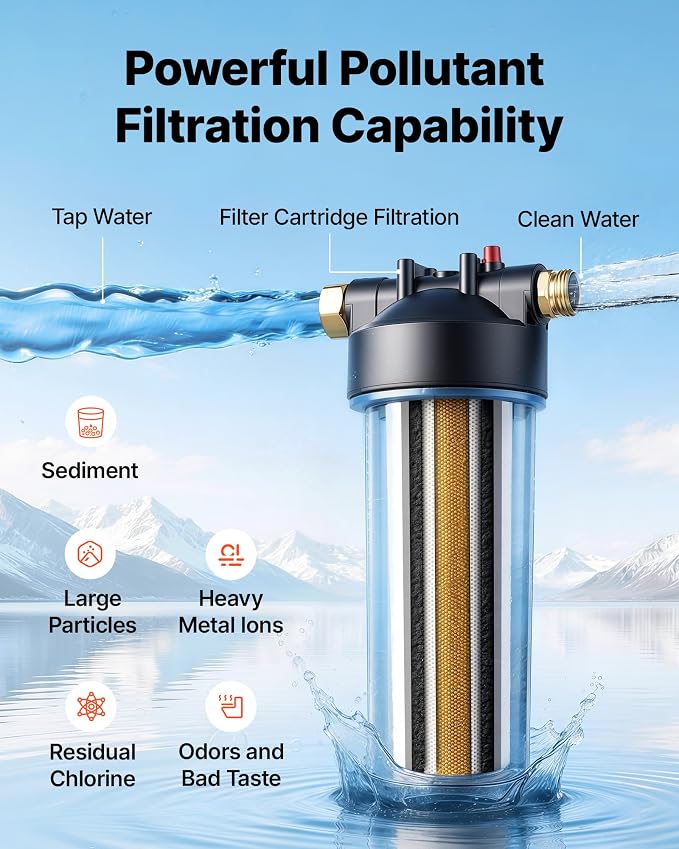 VEVOR RV Water Filter System for Campers, RVs & Travel Trailers, 2.5 x 10 in 5-Micron Filter with Cartridge & Bracket, Reduces Sediment, Chlorine, Bad Taste & Odors