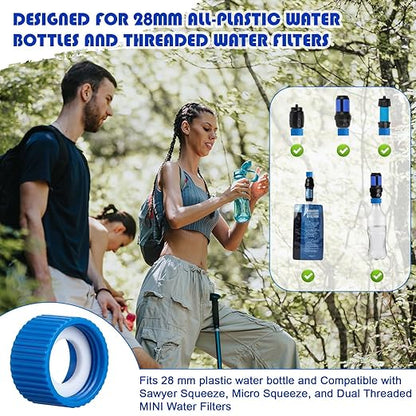 Gerrii 4 Pcs Water Filter Coupling Kit Compatible with SP150, 28 mm Threaded Filtration Couplings for Standard Plastic Bottles, Cleaning Couplers with Gasket Seals for Hiking, Camping (Blue)