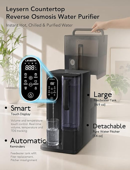 Leysern Hot & Cold Countertop Reverse Osmosis Water Filter, No Installation | 7-Stage RO Filtration with UV, Dual-Thermoelectric Cooling, Water Purifier with TDS Monitor, NSF 372 Certified, Black