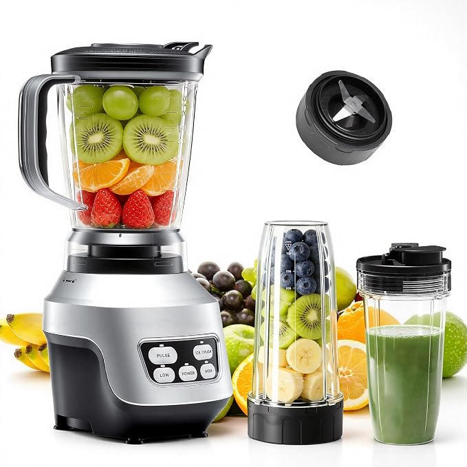 DUMOS Smoothie Blender for Kitchen with 6 Blades, Personal Blender for Smoothies with 24 34 60 oz BPA-Free Cups, Large Capacity, Portable and Easy Clean, for Ice Crush, Shakes, Sauces, Silver