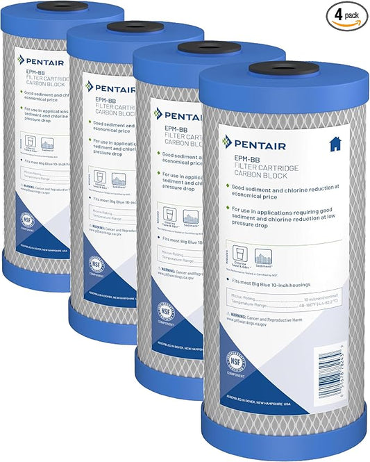 Pentair Pentek EPM-BB Big Blue Carbon Water Filter,10",Whole House Modified Epsilon Carbon Block Replacement Cartridge with Bonded Powdered Activated_Carbon (PAC) Filter,10"x4.5",10 Micron (Pack of 4)