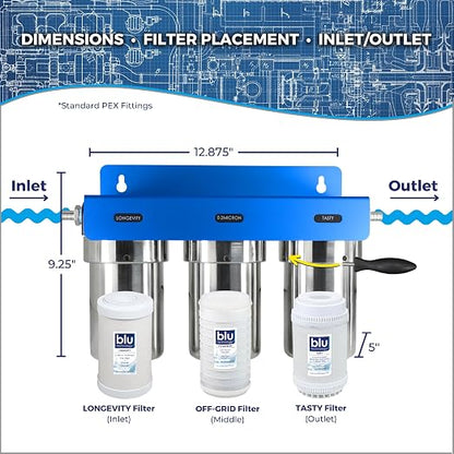 GoBluTech Trio, RV Water Filter System with 0.2 Micron Drinking Water Filter System & Mounting Bracket - RV, Camper Van Water Filtration System - US Veteran Owned