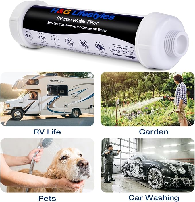 H&G lifestyles RV Garden Hose Filter for Well Water, Iron Filter for Garden Hose,RV Iron Water Filter to Remove Chlorine Heavy Metal Manganese, Softens Water,RV Water Filter for RV Campers,3/4" GHT