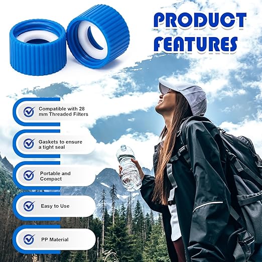 Gerrii 4 Pcs Water Filter Coupling Kit Compatible with SP150, 28 mm Threaded Filtration Couplings for Standard Plastic Bottles, Cleaning Couplers with Gasket Seals for Hiking, Camping (Blue)