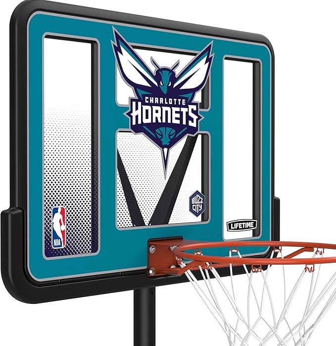Lifetime NBA Charlotte Hornets Portable Basketball Hoop, Adjustable Height 7.5-10 Ft, 44 Inch Shatterproof Fusion Backboard, Base with Wheels