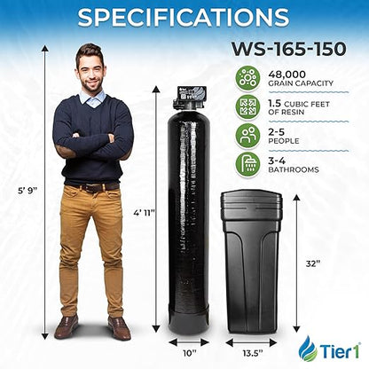 Tier1 Whole House Water Softener System 48000 Grain Capacity | High Efficiency Design with Ceramic Control Valve | Preloaded 1.5 Cubic Foot Resin Mineral Tank | Home Filtration System for 4 to 5 Baths