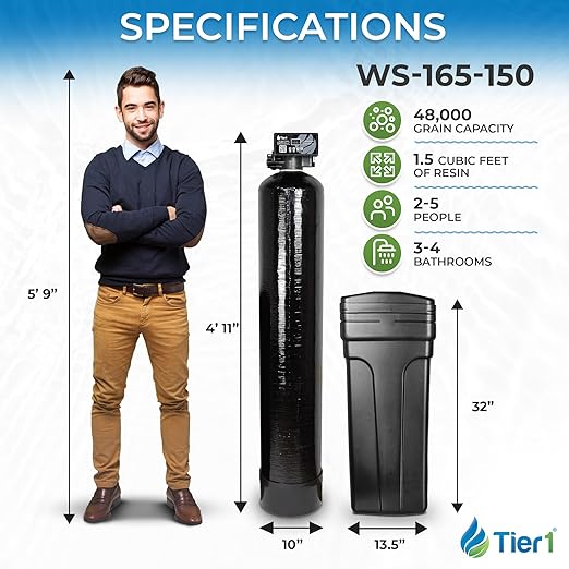 Tier1 Whole House Water Softener System 48000 Grain Capacity | High Efficiency Design with Ceramic Control Valve | Preloaded 1.5 Cubic Foot Resin Mineral Tank | Home Filtration System for 4 to 5 Baths