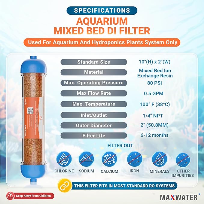 (2 Pack) Mixed Bed Ion Exchange Aquarium Filter Resin 0 PPM RO DI Refillable Housing, Compatible with 10" Reverse Osmosis Water Filtration Systems, for High TDS in Water