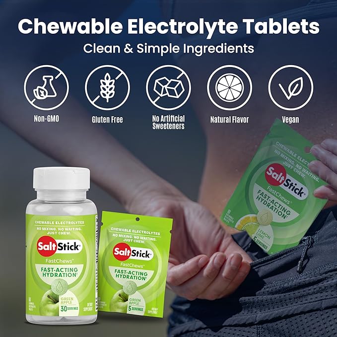 SaltStick Electrolyte FastChews - 120 Green Apple Resealable Chewable Electrolyte Tablets for Hydration, Salt Tablets for Running - 120 Tablets