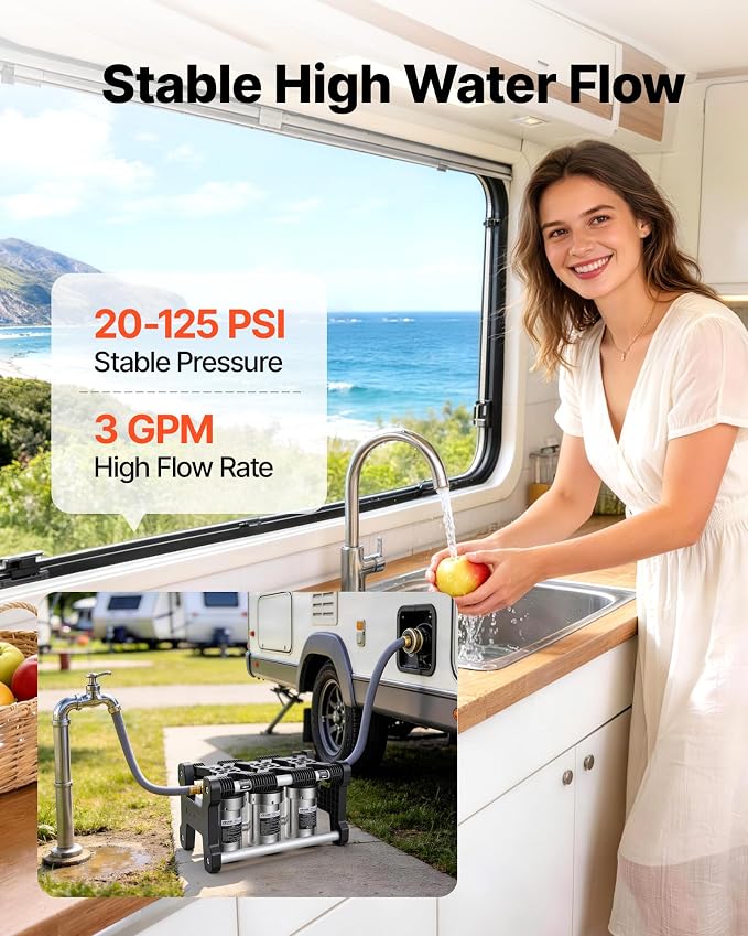 VEVOR RV Water Filter System, 5-Micron 3 Stage Premium RV Water Filtration System with Three Cartridges and 3/4" Fitting for RVs & Campers, Reduces Sediment, Chlorine, Heavy Metals, Odors and More