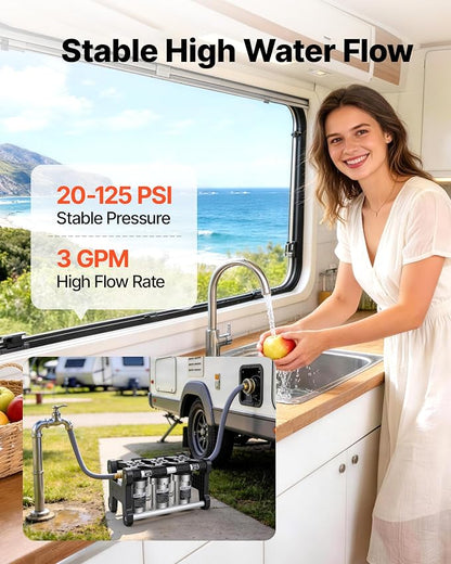 VEVOR RV Water Filter System, 5-Micron 3 Stage Premium RV Water Filtration System with Three Cartridges and 3/4" Fitting for RVs & Campers, Reduces Sediment, Chlorine, Heavy Metals, Odors and More