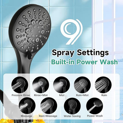 BRIGHT SHOWERS High Pressure Shower Head with Handheld, 9 Spray Settings Showerhead Built in Power Wash to Clean Tub and Pets, Extra Long 69" Hose, Adjustable Bracket, Matte Black