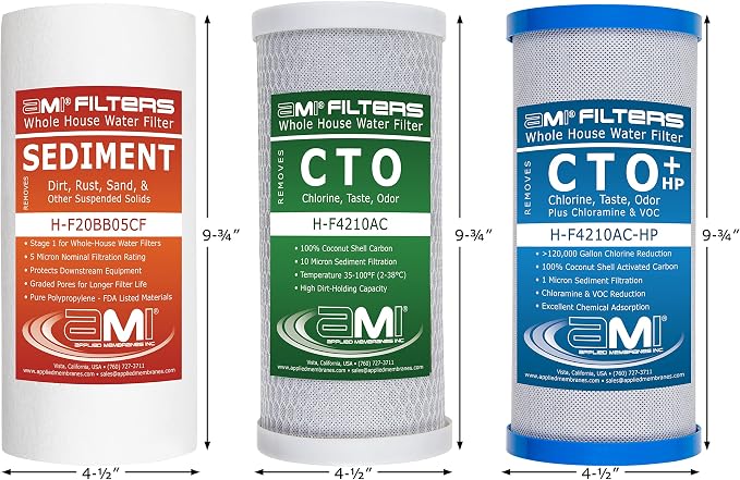 Applied Membranes Inc. 3-Stage Whole-House Water Filter Cartridge Replacements, Includes 10-Inch Sediment, Carbon, and Lead Filter Cartridges