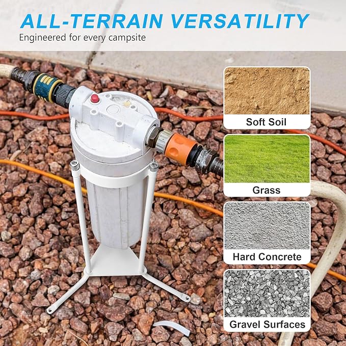 Upgraded RV Water Filter Stand with Triple-Prong Base, RV Filter Holder for Soft Soil & Hard Concrete Surfaces, Enhanced Stability & Anti-Kink Design - 1 Pack