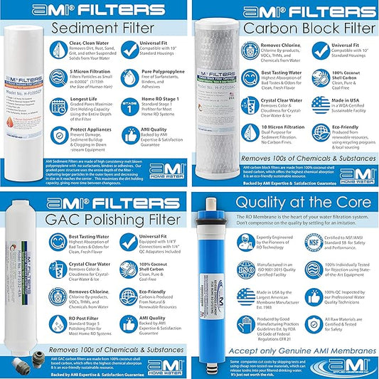 AMI Reverse Osmosis Filter & Membrane Replacement | 1 Year Supply | 50 GPD Membrane with Pre & Post Filter | for 5 Stage Water Filtration Systems