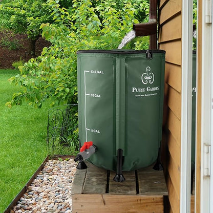 Rain Barrel - 13.2-Gallon/50-Liter Collapsible Water Container for Catching Rainwater - Portable Water Tank with Outflow Valve by Pure Garden (Green)