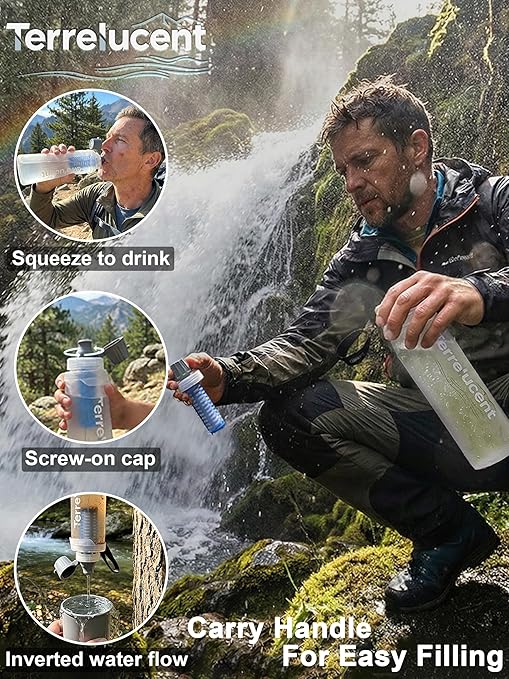 33.8 oz Collapsible Water Bottle with Filter, Squeeze Filtered Water Bottle, BPA-Free, Dual Filtration, Ultralight Water Filter System for Hiking, Camping, Backpacking (White, 33.8 OZ)