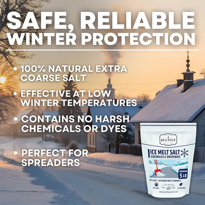 Sea Salt Natural Ice & Snow Melt - Pet & Kid Safe Safety Deicing Salt - 20 LBS Bag Covers 5000 SQ FT - No Chemicals - 100% Natural - Pacific Northwest - Waterproof Pouch