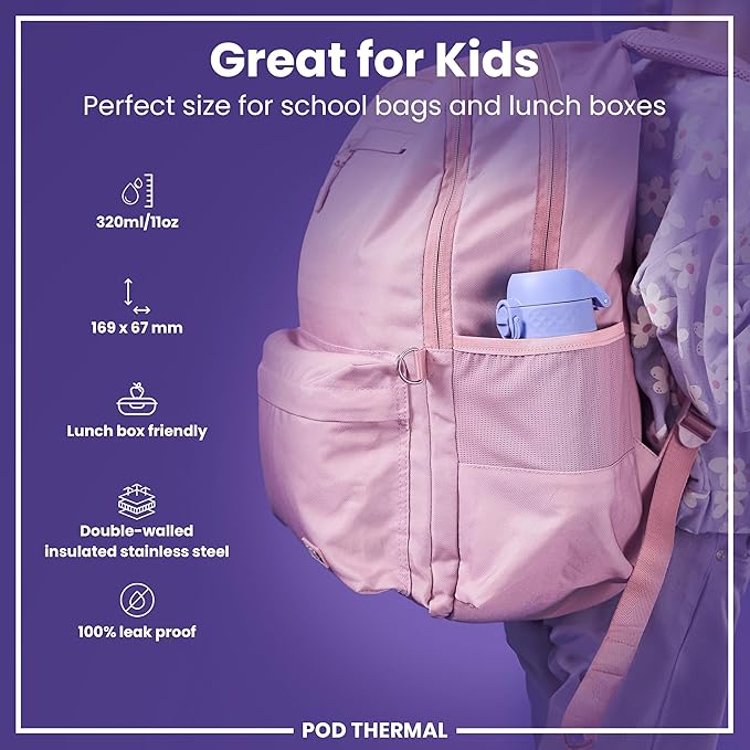 ION8 Insulated Steel Water Bottle, 320 ml/11 oz, Leak Proof, Easy to Open, Secure Lock, Dishwasher Safe, Carry Handle, Hygienic Flip Cover, Scratch Resistant, Durable Stainless Steel, Light Purple