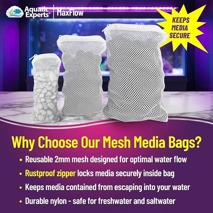 Aquatic Experts Max Flow Filter Media Bag - Durable Filter Bags for Fish Tank, Secure Aquarium Media Bag with Drawstring, Media Bags for Aquarium and Pond, Max Flow (Zipper), 8” x 12” – 3 Pack